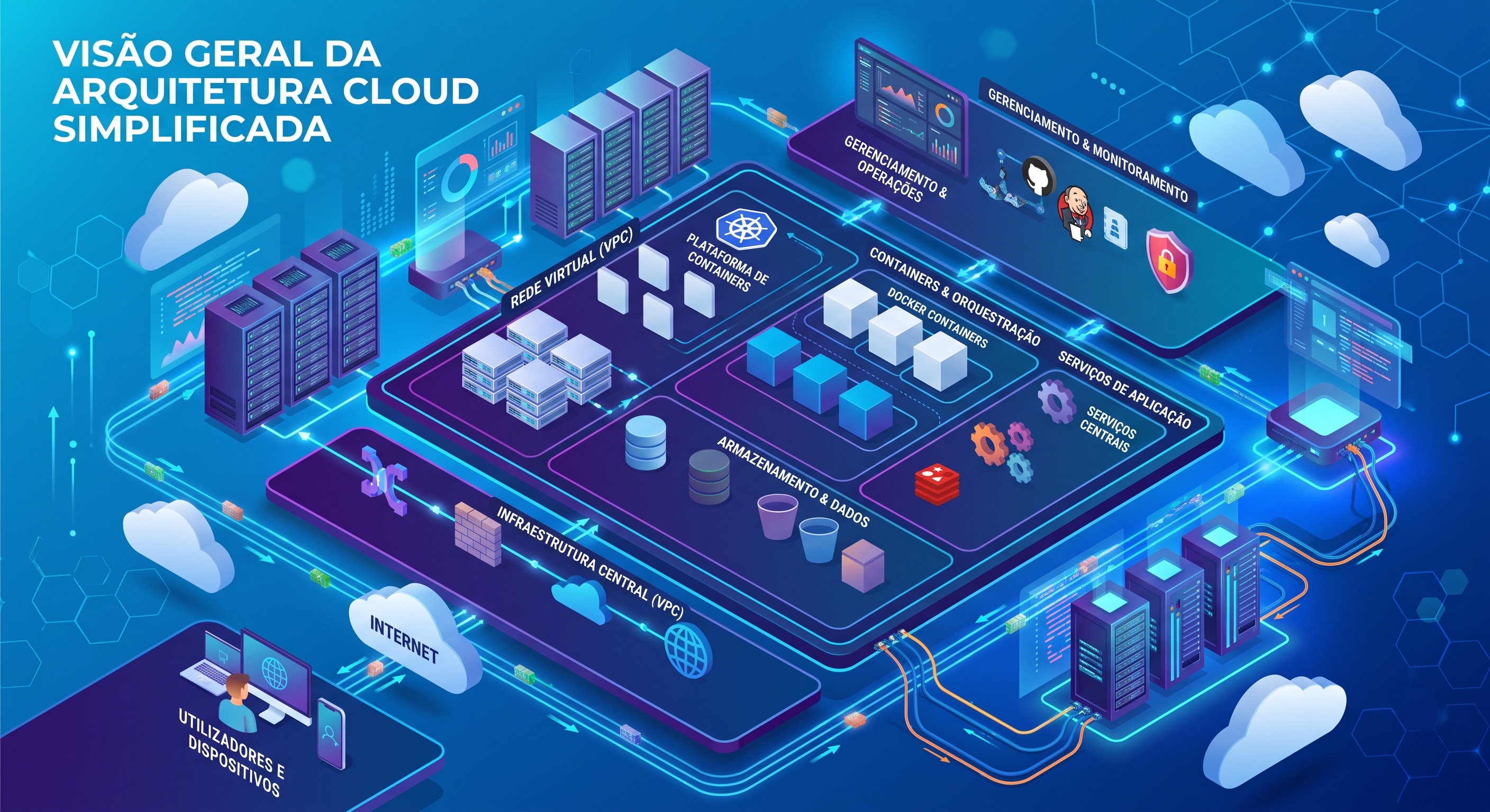 Arquitetura cloud moderna com servidores, containers e redes virtuais interconectados representando infraestrutura como base estratégica